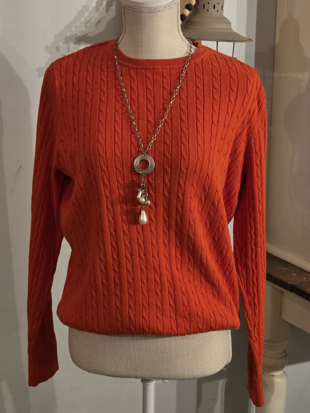 Classic Cable Knit Women’s Sweater in Bright Orange